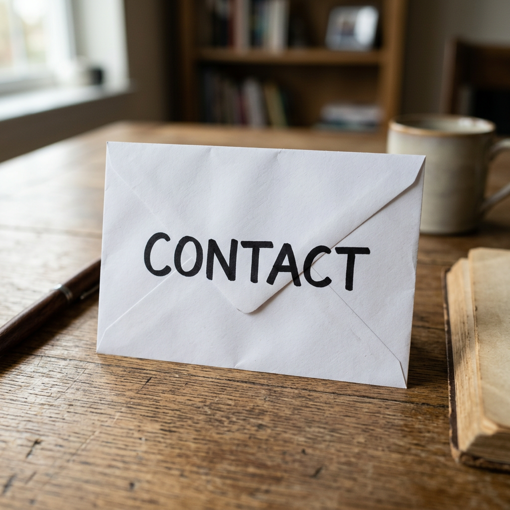 White envelope with the word CONTACT in bold black letters on a wooden table