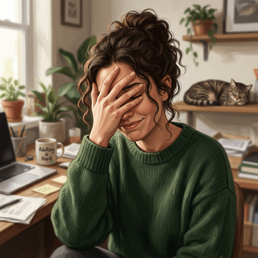 Woman in green sweater covering face with hand sitting at a cluttered desk with 'Adulting is Hard' mug and cat sleeping on shelf